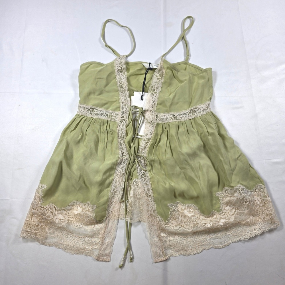 Zara Sage Green Lace Trim Tie Front Babydoll Camisole Top XS 5107/058/511